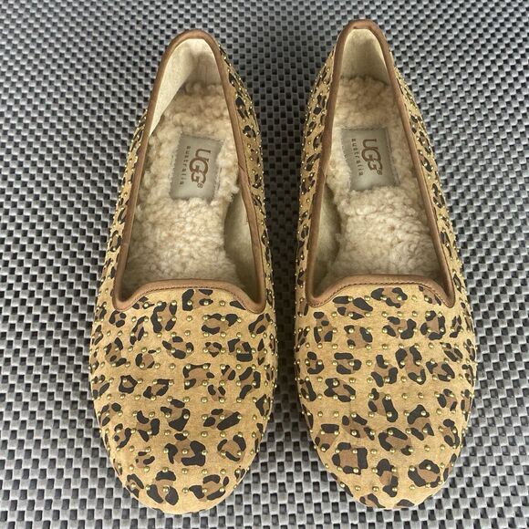 UGG Alloway Studded Ballet Flat Shoes 5 Brown Animal Print Leather Sheepskin - Picture 1 of 12